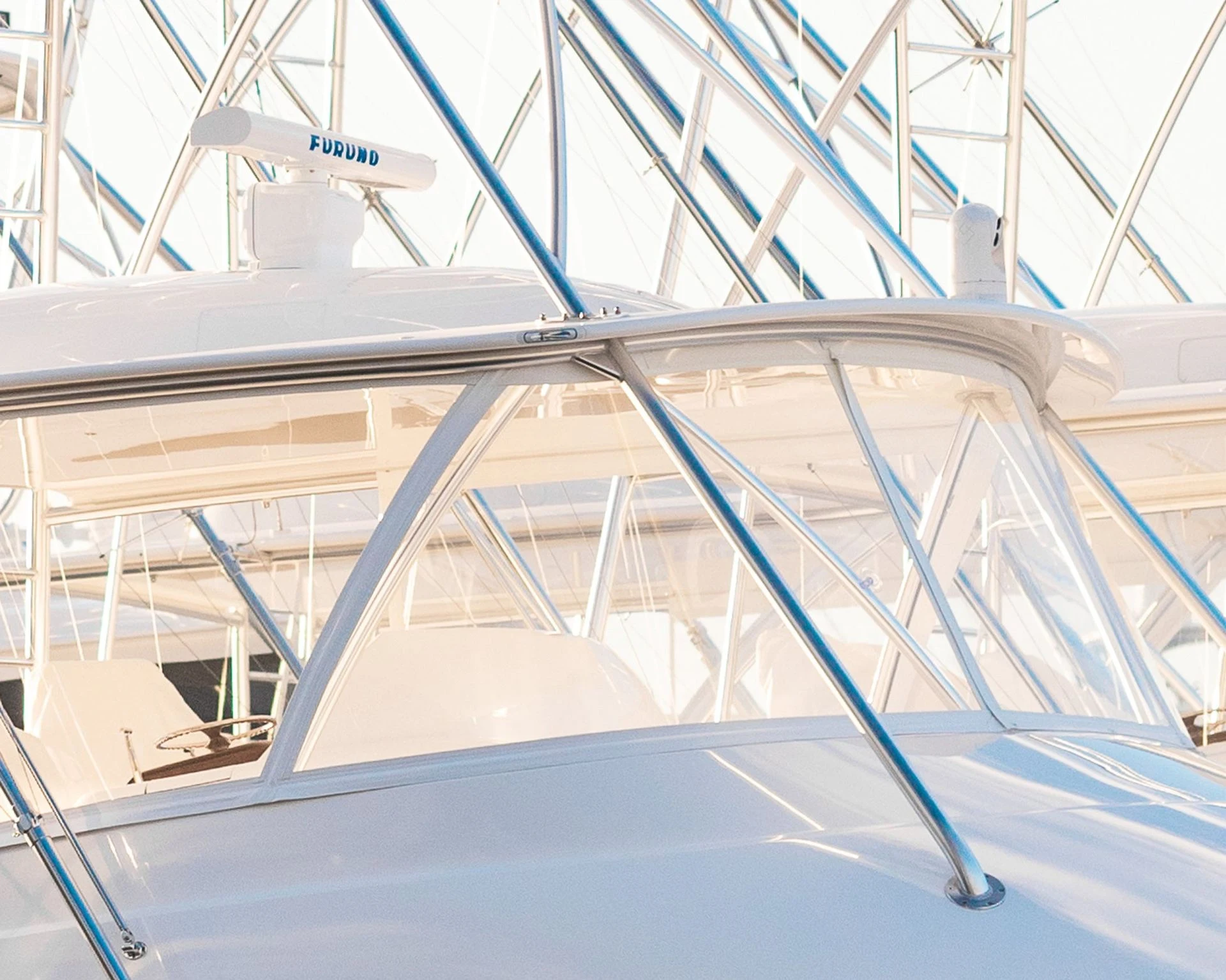 Clear vinyl enclosure on the bridge of a Viking sportfisher
