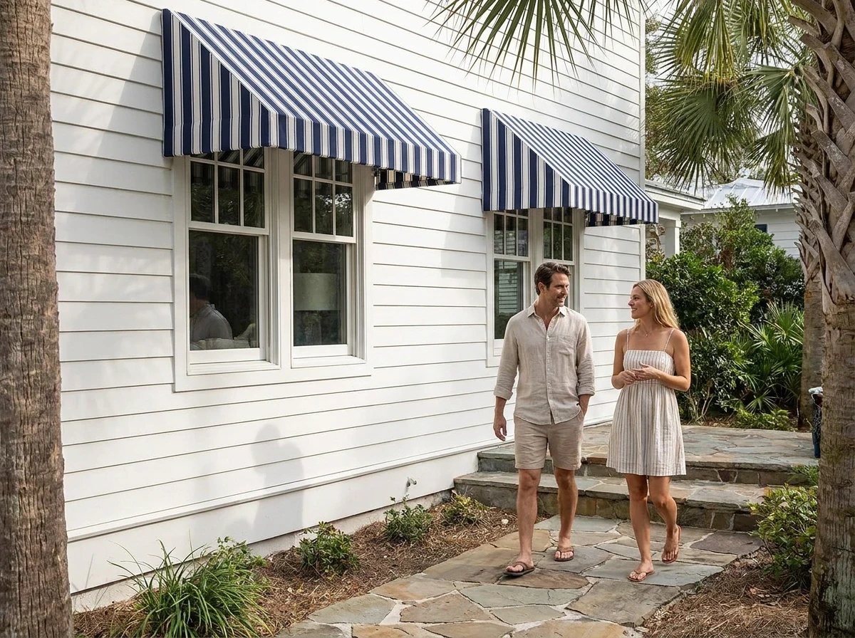 Navy and white striped window awnings on a white waterfront home