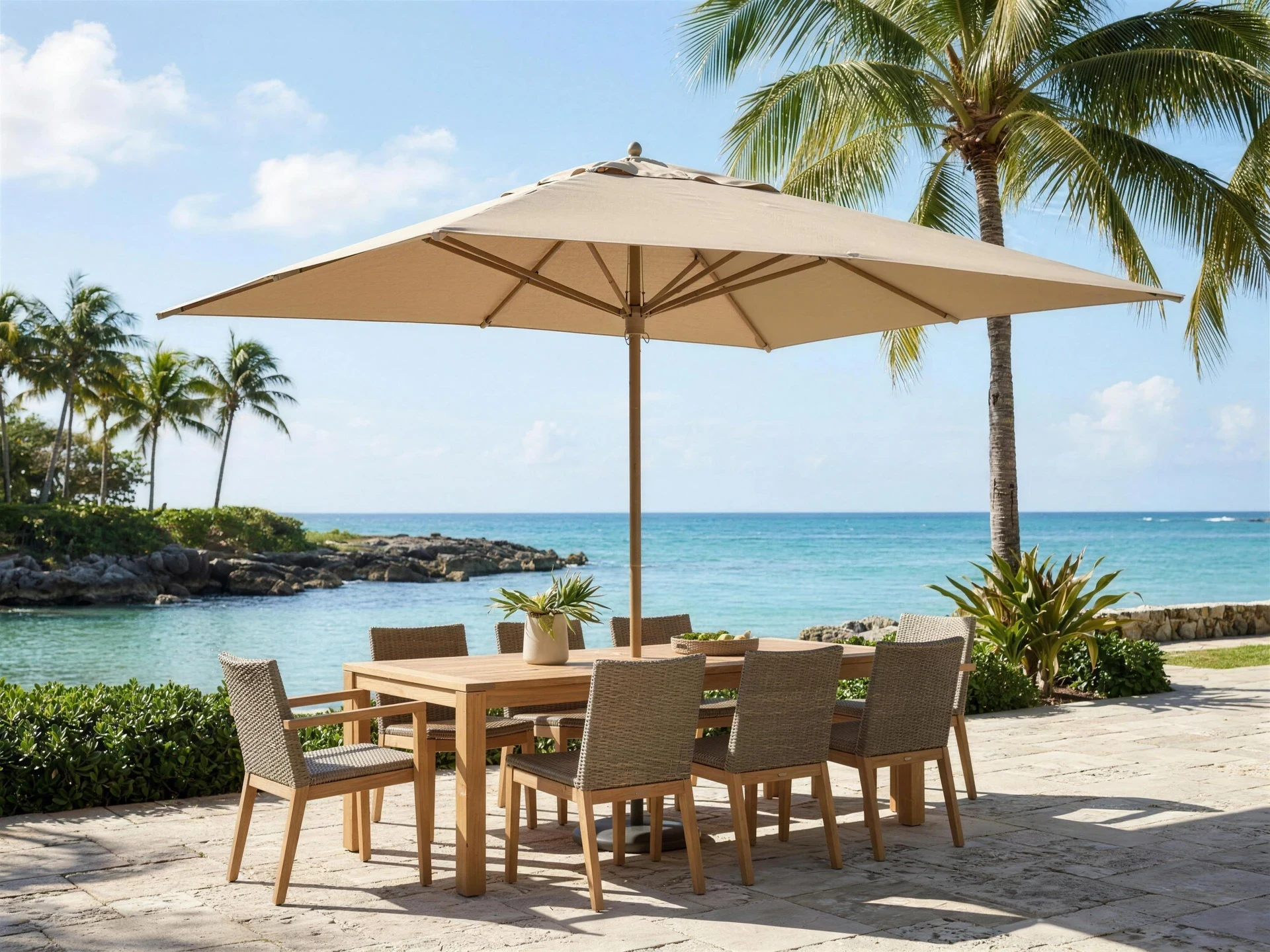 Sand patio umbrella over a teak dining set by the water