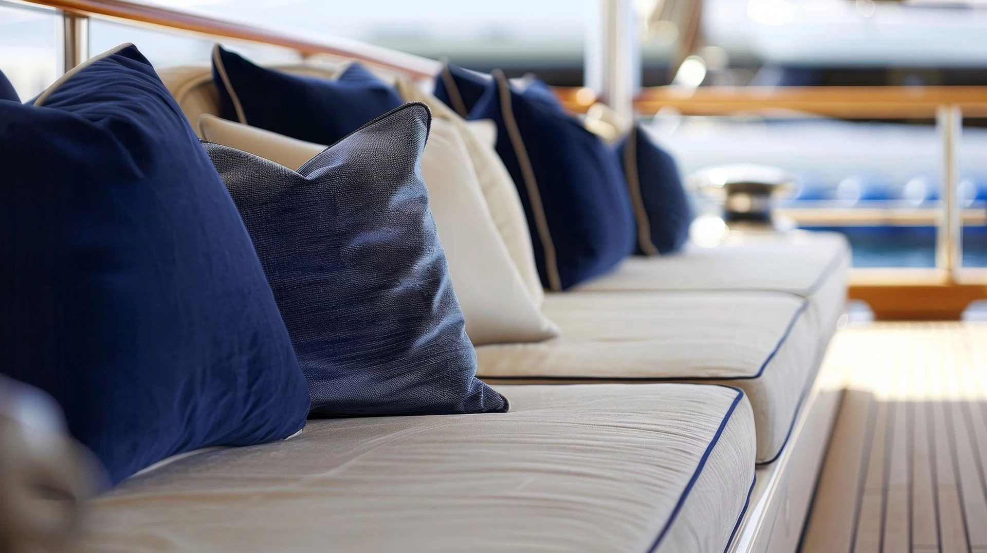 Navy and cream throw pillows on a cream cushioned settee on a yacht deck
