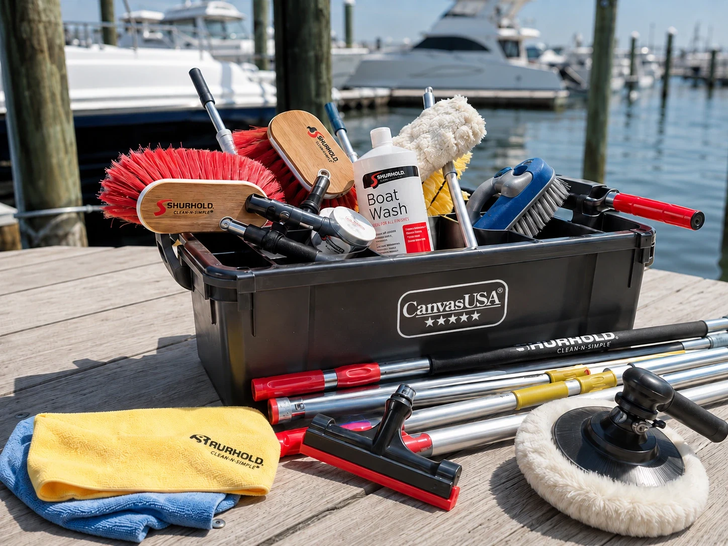 Boat care kit with brushes, cleaner and towels on a dock