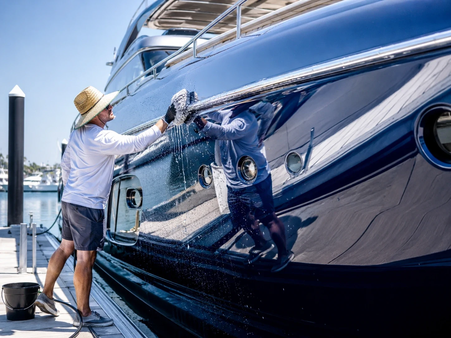 Deckhand washing the glossy navy hull of a yacht with a wash mitt
