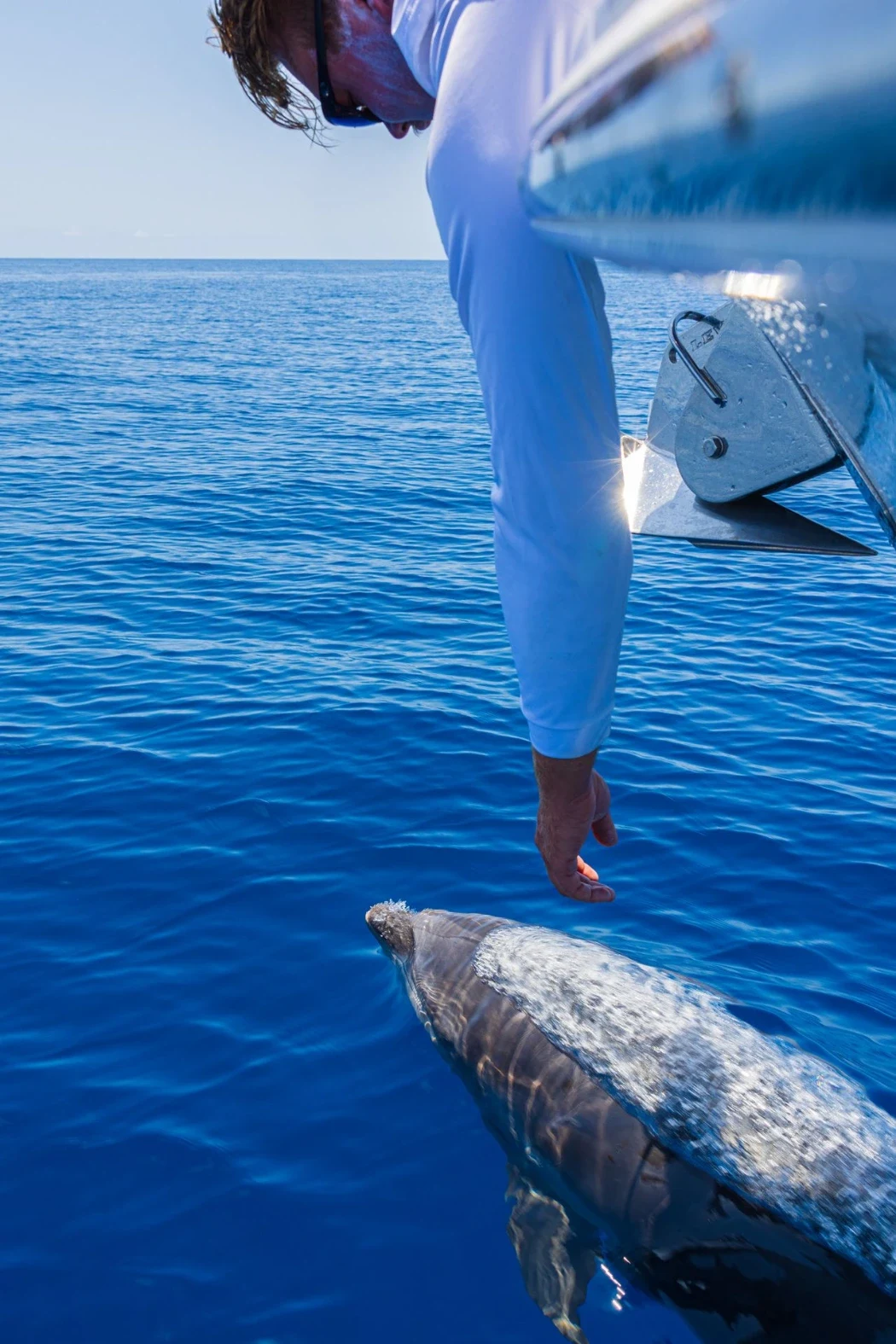 Man leaning from a boat's bow toward a dolphin in open water
