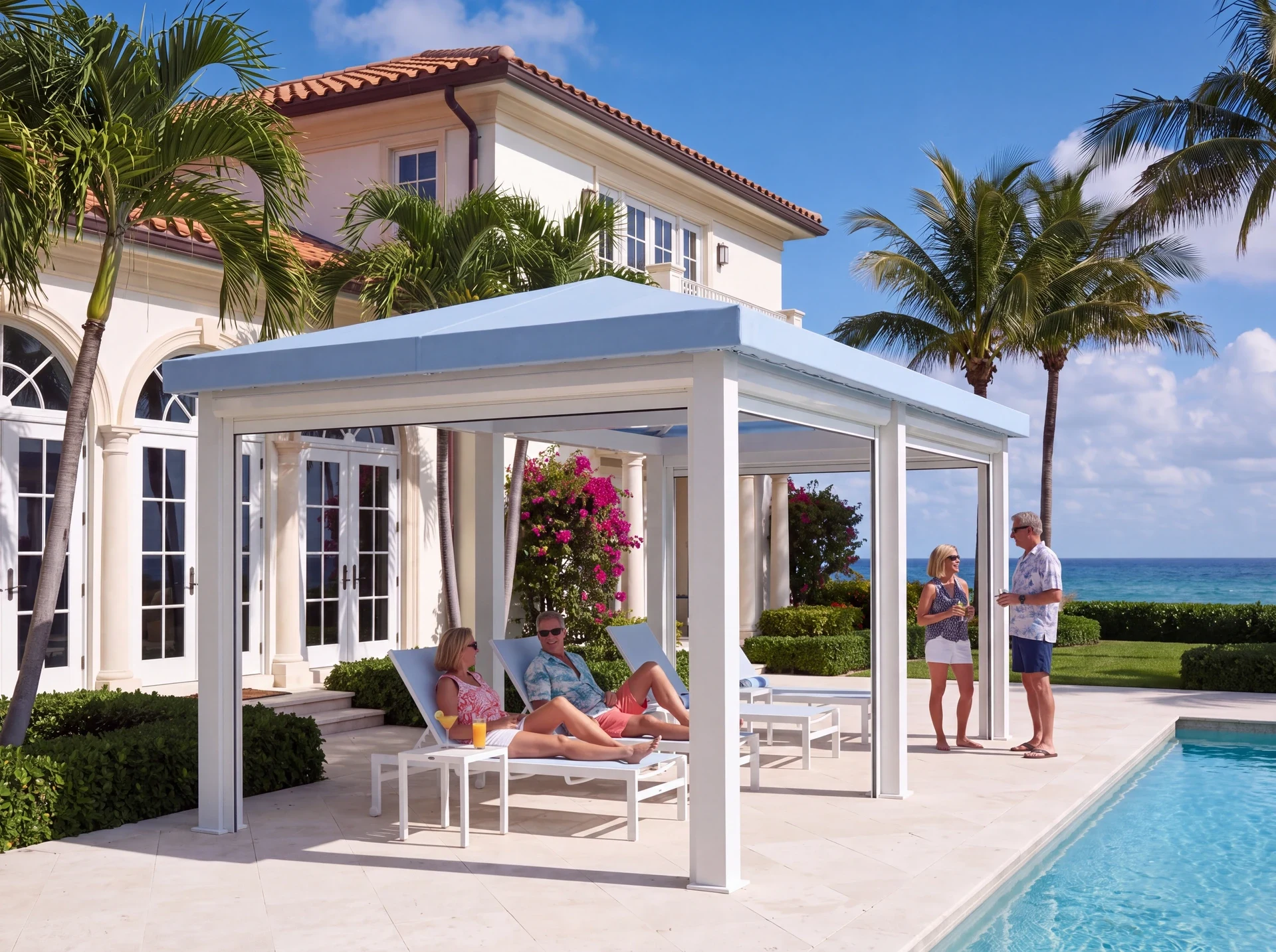 White cabana beside a pool with loungers in the shade