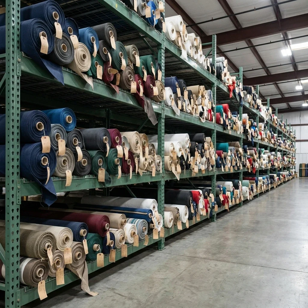 Rolls of marine fabric on warehouse racks
